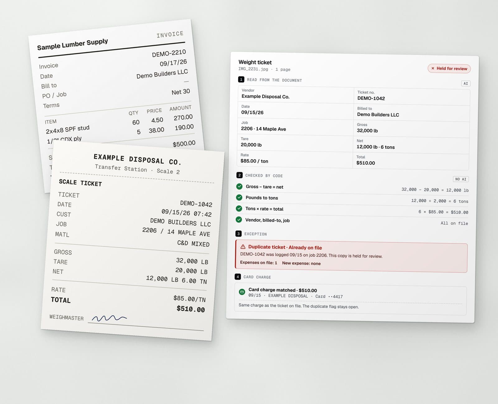 A fictional weight ticket and supplier invoice beside the Site Tally screen that checked them.